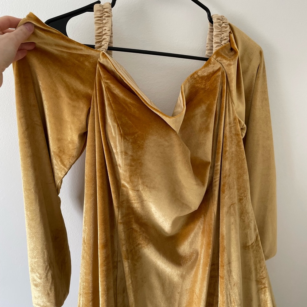 NWT Formal Dress oyisha special occasion maxi velvet mustard dress off shoulder - Picture 10 of 16